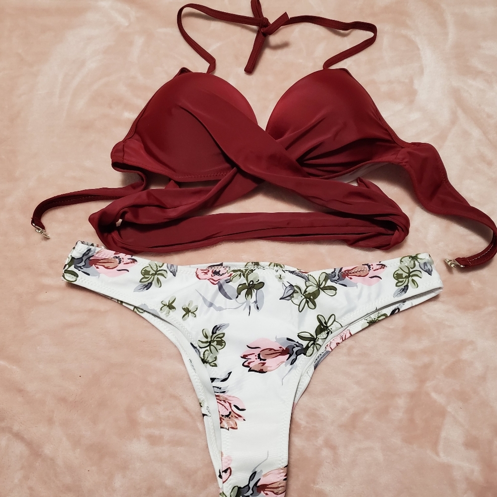 Burgundy and floral bikini swim set size medium